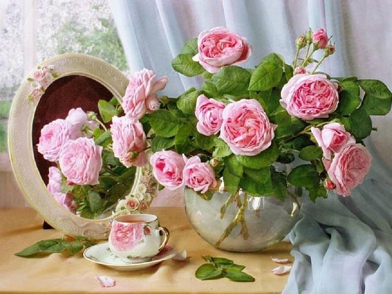 Time for Tea, still life, flowers, cup, mirror, tea, pink roses, HD wallpaper