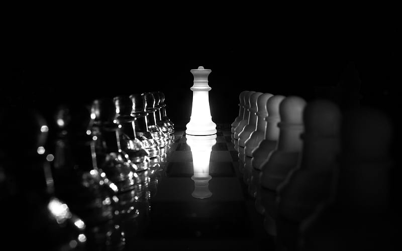 Queen and pawns, chess, monochrome concept, chess concepts, glass chess, HD wallpaper