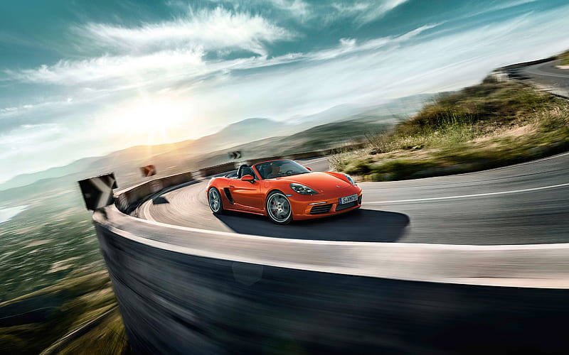 Porsche 718 Boxster S, 2018, orange sports coupe, mountain serpentine, road, speed, Porsche, HD wallpaper