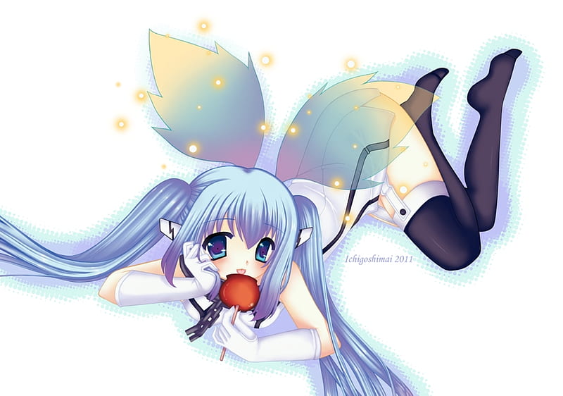 Nymph, pretty, angeloid, the angeloid of clockwork, sora no otoshimono, nice, aqua, beauty, chain, wings, twintail, black, sexy, cute, cool, awesome, white, glow, movie, bonito, forte, hot, blue eyes, light, blue, apple, outfit, garterbelt, choker, transparent, angel, leggings, blue hair, uniform, laying, HD wallpaper