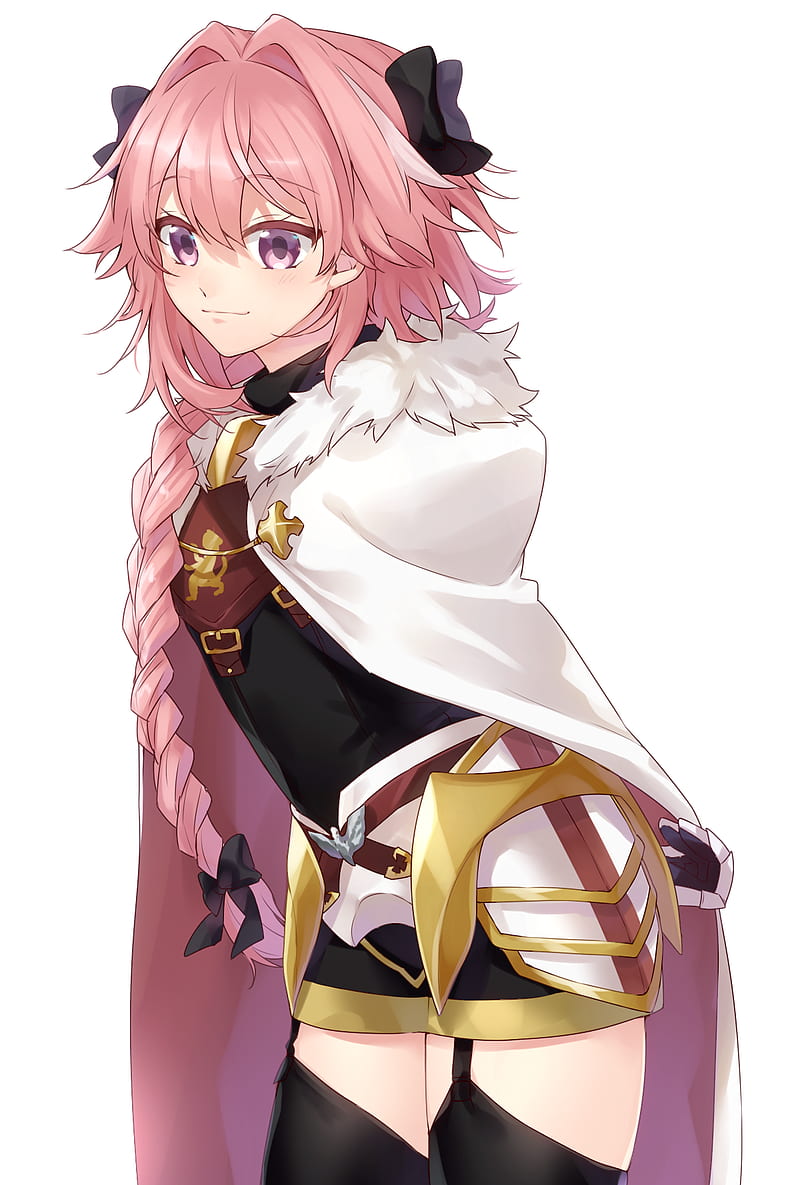 Fate Series, FGO, Fate/Apocrypha , anime boys, 2D, vertical, smiling, thighs, long hair, pink hair, femboy, braided hair, black stockings, Rider of Black (Fate/Apocrypha), Astolfo (Fate/Apocrypha), pink eyes, fan art, armor, simple background, HD phone wallpaper