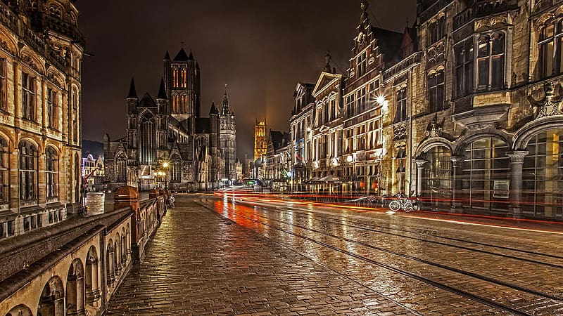 Night, Building, Street, Town, Belgium, Ghent, , Time Lapse, Towns, HD wallpaper