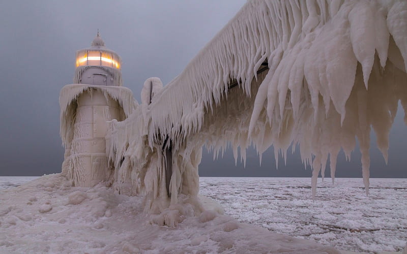 Icestorm Lighthouse, ice, nature, storm, frozen, lighthouse, HD wallpaper