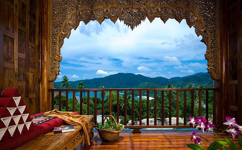 que, table, carvings, view, balcony, towels, bonito, mountain, robe, bppk, basket, railing, flowers, wooden, HD wallpaper