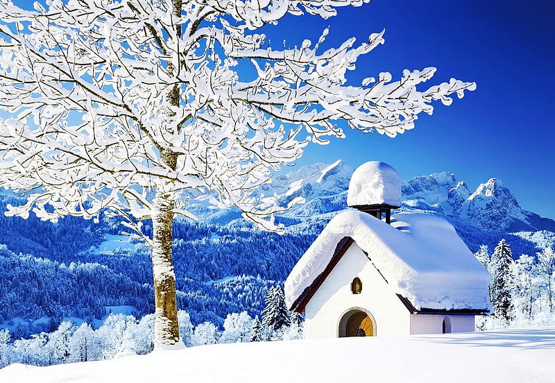 Winter chapel, view, bonito, valley, winter, mountain, tree, snow, ice, chapel, frost, HD wallpaper