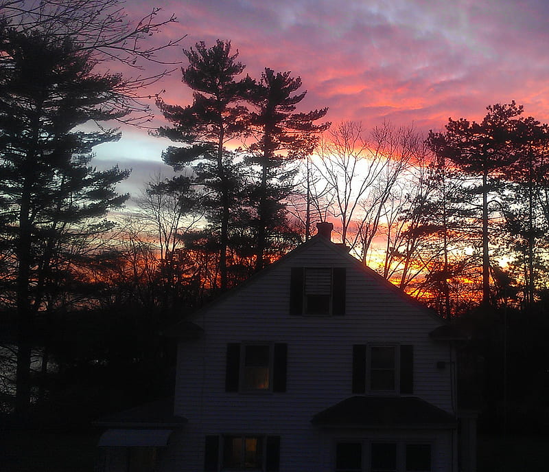 New England Sky, clouds, house, pretty, sunset, trees, HD wallpaper