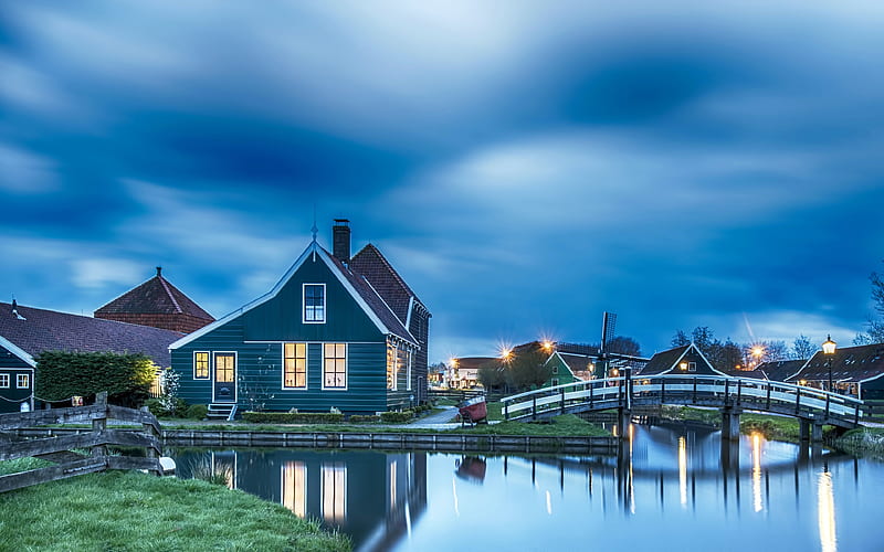 Alkmaar canal, bridge, village, Netherlands, Europe, HD wallpaper