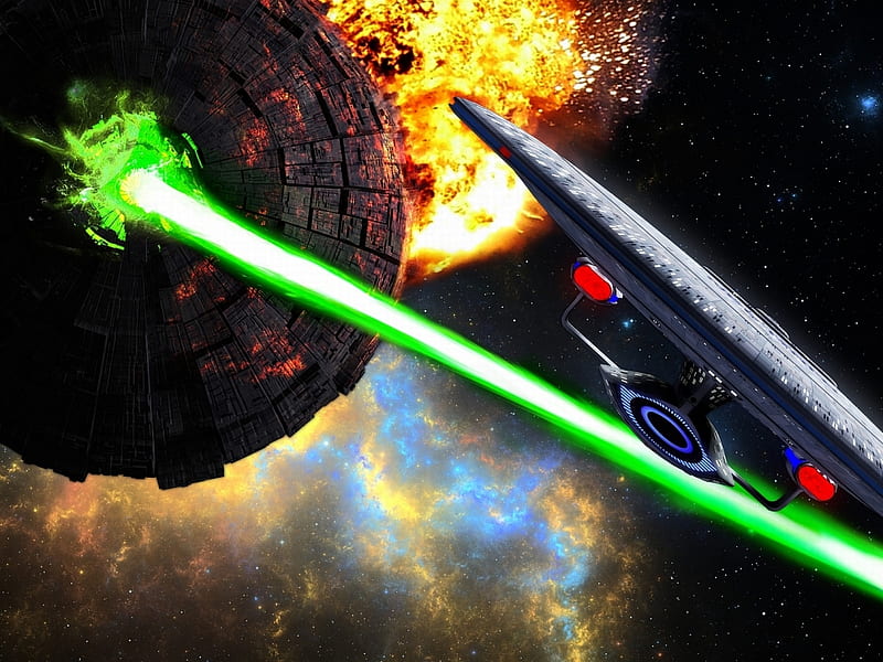 resistance is futile, fire, stars, starship, explosion, tractor beam, borg sphere, gas cloud, HD wallpaper