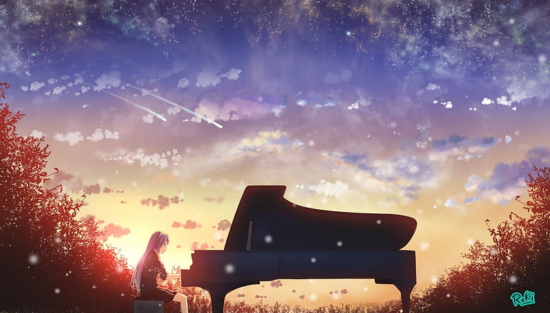 Playing Piano, vocaloid, art, hatsune miku, sunset, trees, sky, cool, anime, awesome, anime girl, long hair, HD wallpaper