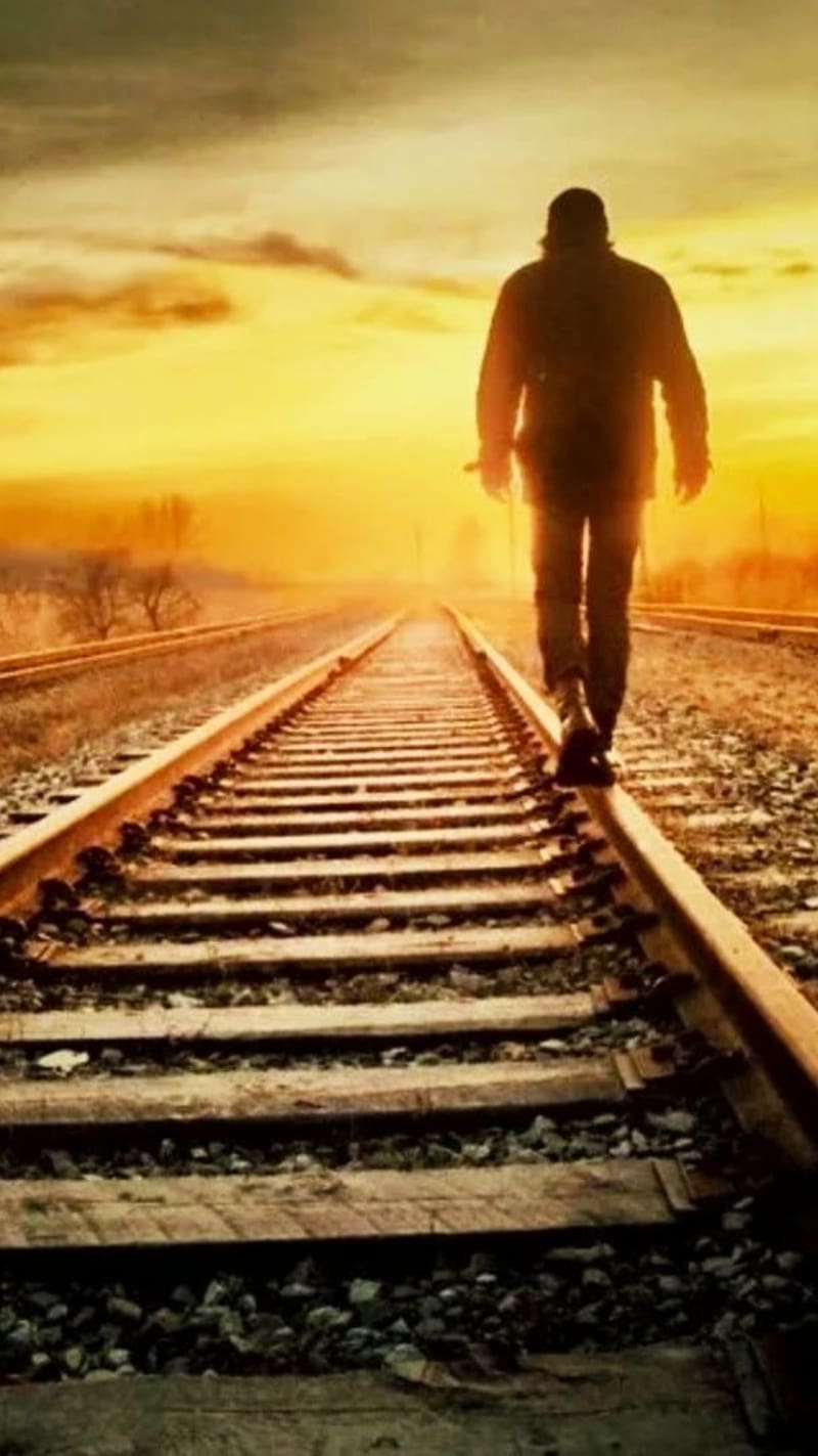 Sad Alone Walking On The Railway Track, sad alone, railways, moarning, sunrise, HD phone wallpaper
