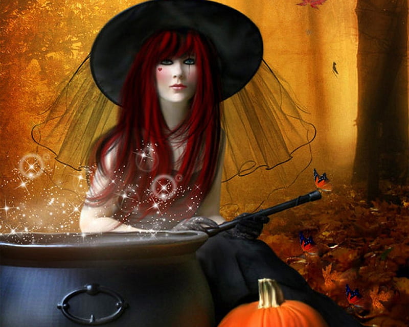 ★Magical Witch★, witch, redhead, halloween, bonito, digital art, spell, leaves, fantasy, splendor, cauldron, manipulation, butterfly designs, models, colors, love four seasons, creative pre-made, butterflies, magical, weird things people wear, pumpkins, HD wallpaper