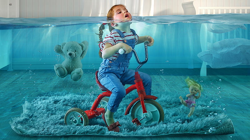 Submerged kid, red, summet, bycicle, toy, creative, situation, fantasy, vara, copil, child, room, blue, HD wallpaper