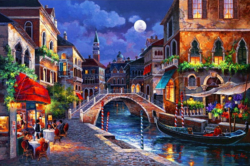Streets of Venice, cafe, canal, Italy, dusk, moon, bridge, painting, evening, reflection, street, night, art, romantic, town, sky, Venice, restaurant, moonlight, summer, HD wallpaper
