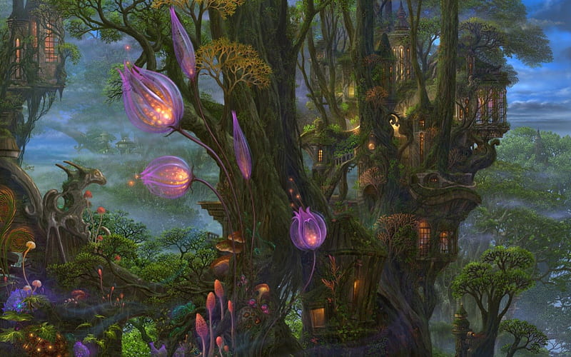 Fantasy world, world, forest, art, elf, tree, fantasy, green, purple, flower, nature, pink, HD wallpaper