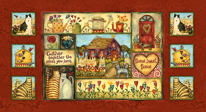 Gather Together the Ones You Love, cottage, snails, door, Valentines, fences, flowers, tulips, dog, watering cans, birds, butterflies, corazones, trees, bees, bird houses, Valentines Day, Valentine, cats, HD wallpaper