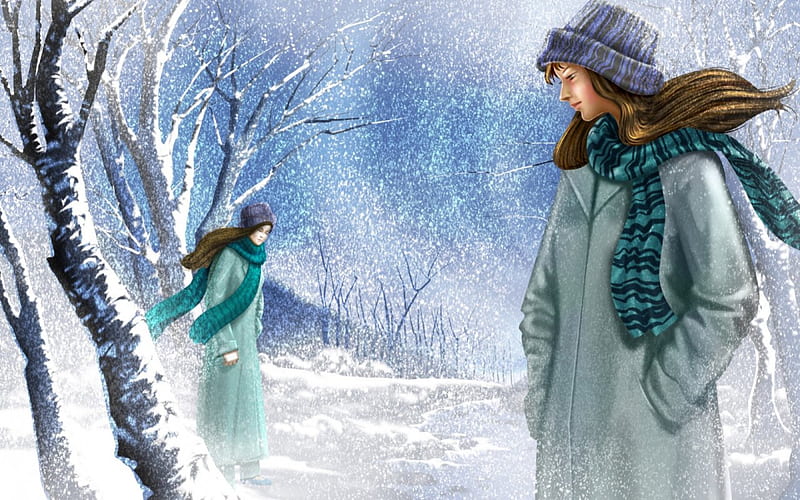 Walking in the snow, jackets, ladies, scarves, hats, walking, beanie, snow falling, winter, HD wallpaper