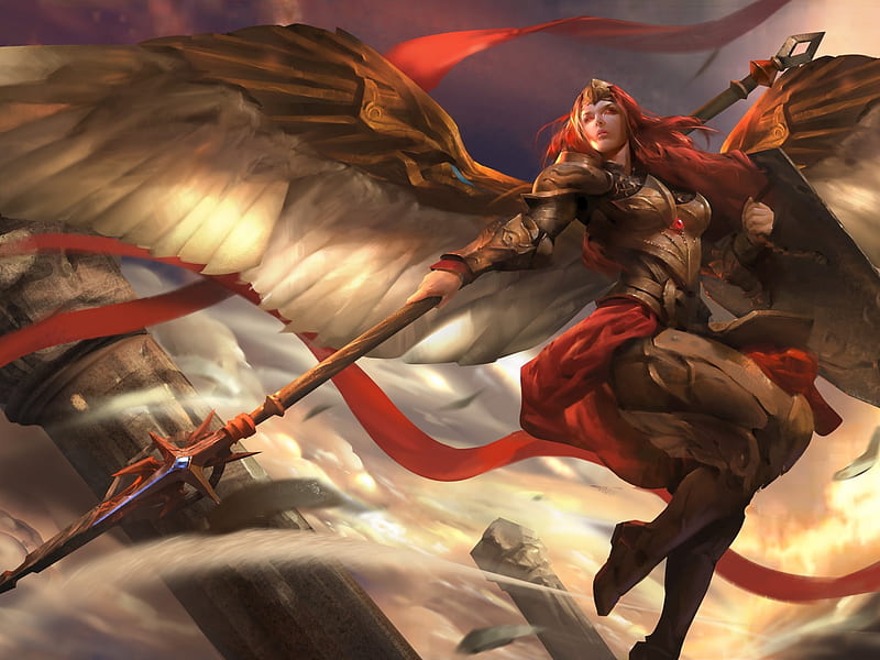 Angel, red, fantasy, wings, girl, spear, game, heroes of newerth, HD ...