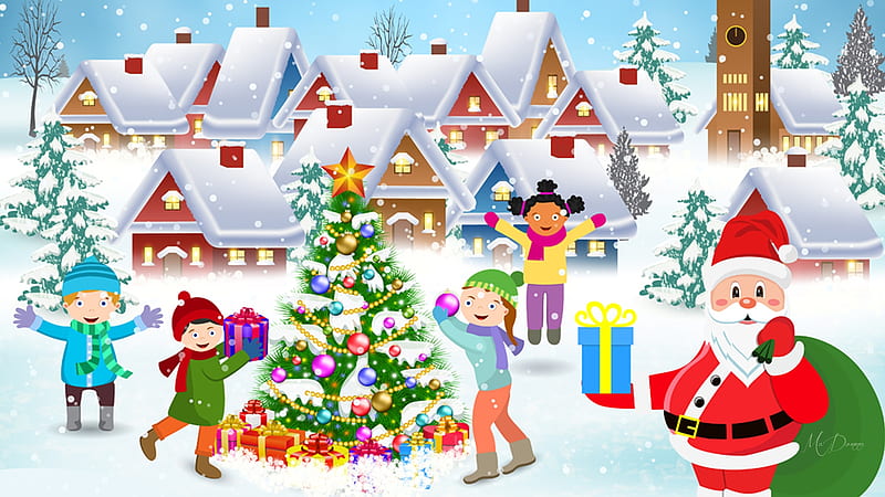 Happy Christmas to All, Christmas, Christmas tree, Feliz Navidad, holiday, houses, children, homes, fun, Santa Claus, winter, snow, gifts, Firefox Persona theme, kids, villalge, HD wallpaper