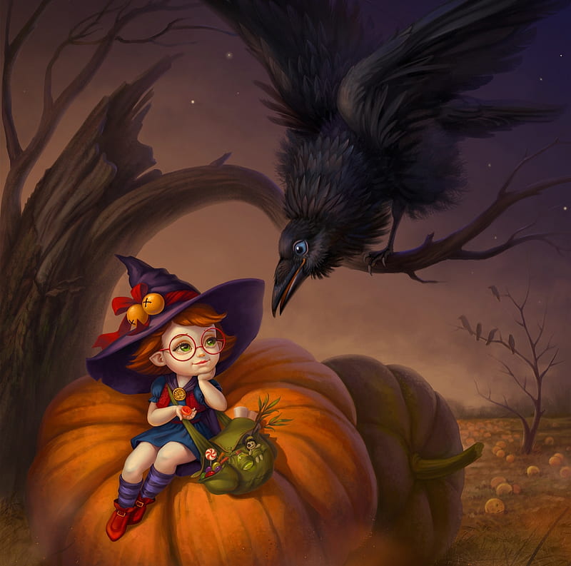A small chat, witch, little, raven, luminos, orange, halloween, black, svetlana bukanova, hat, cute, fantasy, bird, girl, pumpkin, pasari, HD wallpaper