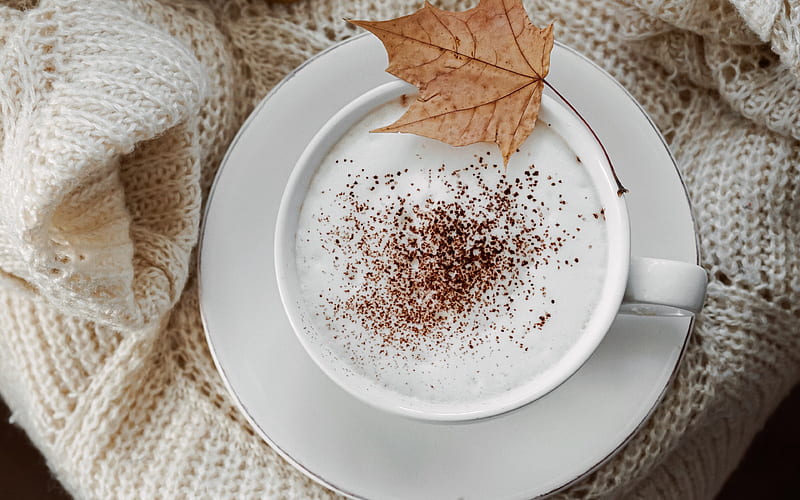 latte art, cup of coffee, latte, coffee concepts, dry autumn leaf, coffee, HD wallpaper