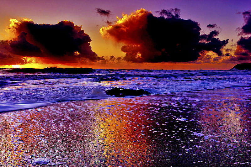 Purple Sea At Low Tide, colorful, sun, orange, bonito, sunset, clouds, sea, beach, tide, heaven, reflection, blue, cloud, ocean, sky, purple, nature, HD wallpaper
