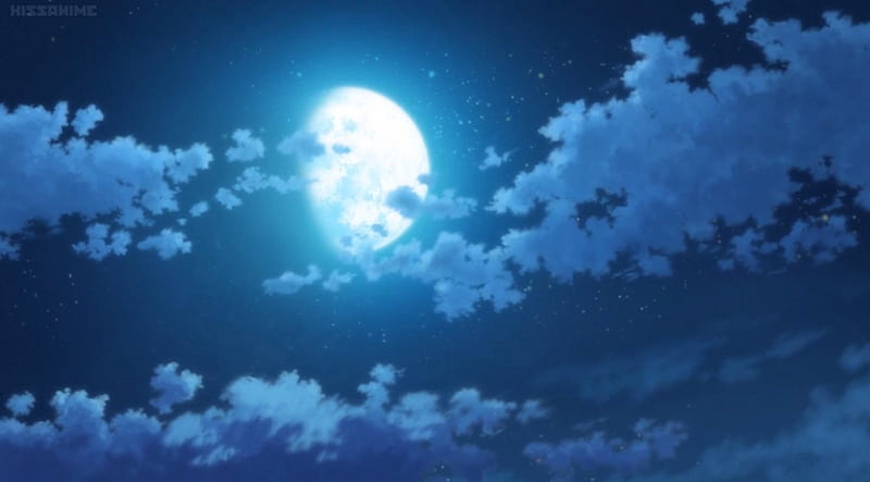 AnY: Blue Moon, pretty, glow, scenic, akatsuki no yona, bonito, magic, sweet, nice, moon, anime, beauty, scenery, light, blue, night, cloud, lovely, glowing, sky, dark, scene, HD wallpaper