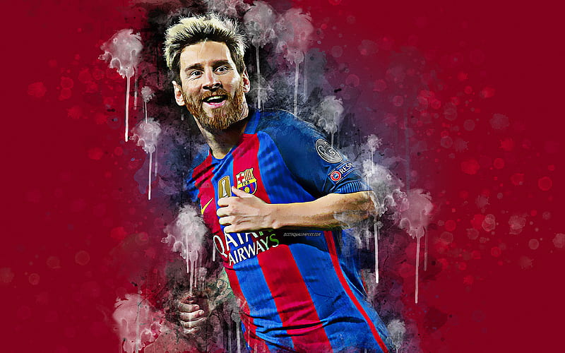 Lionel Messi Barcelona FC, grunge style, paint art, splashes of paint, creative portrait, burgundy grunge background, Argentinian football player, LaLiga, football, Spain, HD wallpaper