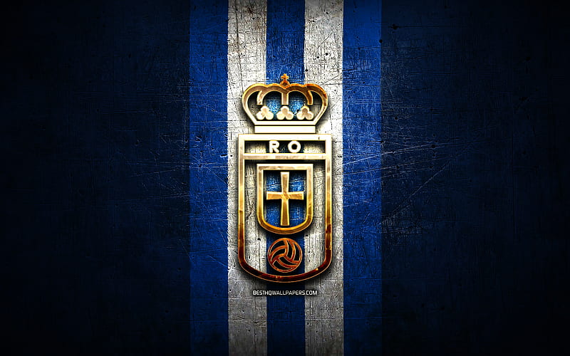 Real Oviedo FC, golden logo, La Liga 2, blue metal background, football, Real Oviedo, spanish football club, Real Oviedo logo, soccer, LaLiga 2, Spain, HD wallpaper