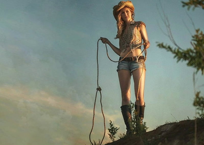 Maybe I caught you, tree, cowgirl, lasso, hunt, sky, HD wallpaper