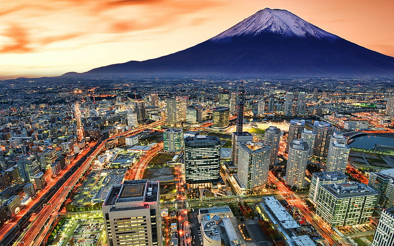 Fuji, sunset, Mount Fuji, mountains, cityscapes, Shizuoka, Fujisan, Fujiyama, stratovolcano, japanese landmarks, japan, Asia, HD wallpaper