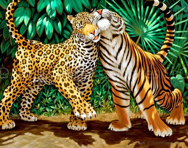 Pussycats, painting, leopard, Tiger, artwork, HD wallpaper