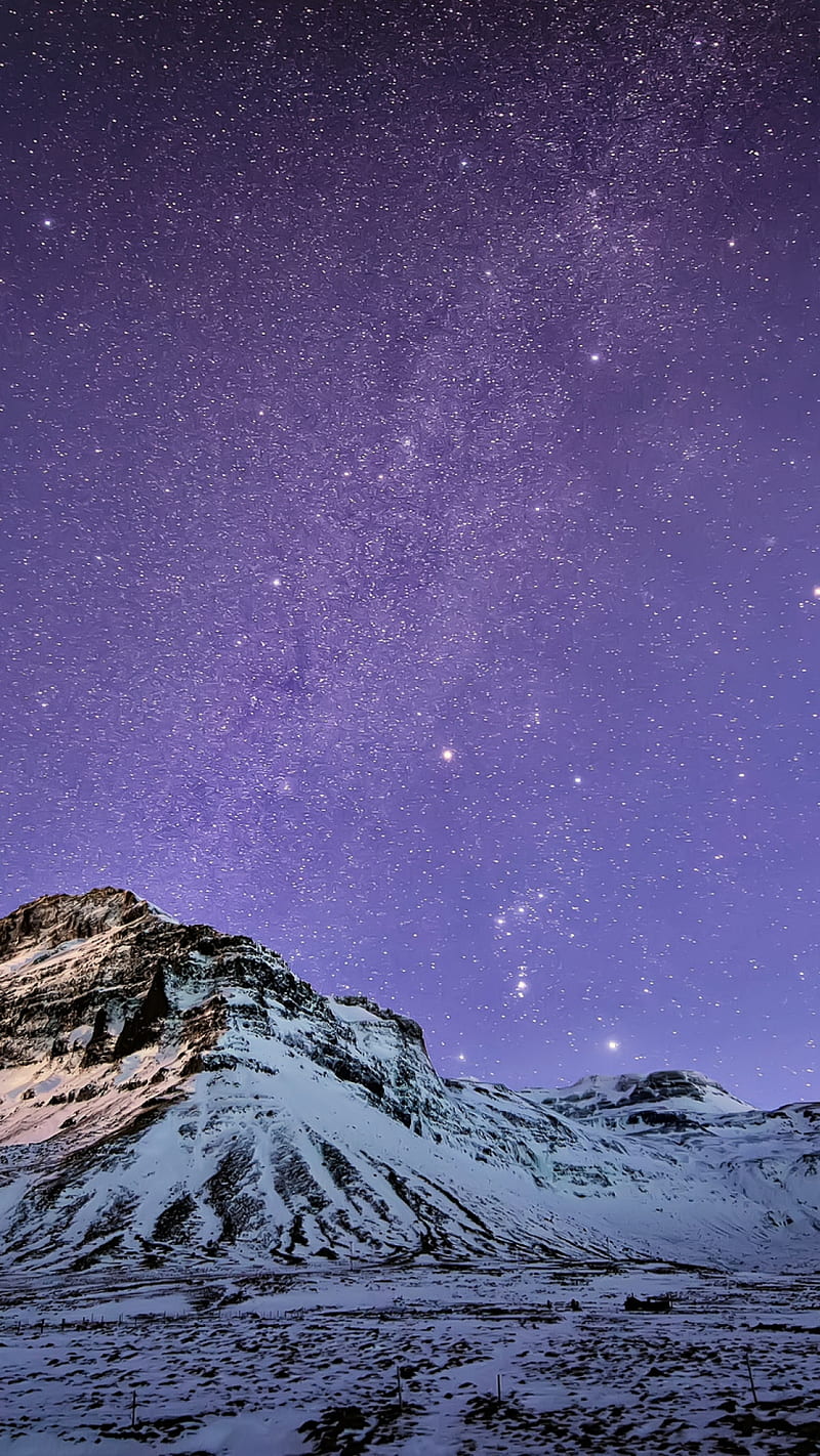 snow mountain, starry sky, purple sky, night, HD phone wallpaper