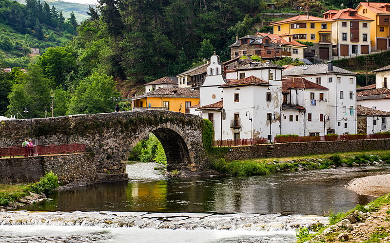 Cangas del Narcea, river, old stone bridge, mountain landscape, Asturias, Spain, HD wallpaper