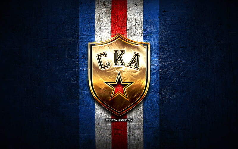 SKA St Petersburg, golden logo, KHL, blue metal background, russian hockey team, Kontinental Hockey League, SKA St Petersburg logo, hockey, HD wallpaper