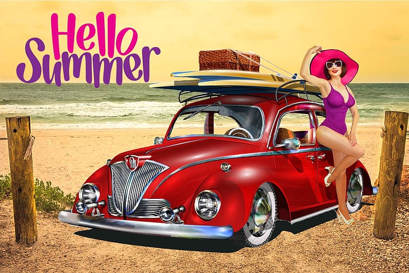Hello Summer, red, car, summer, beetle, carsan, hello, beach, HD wallpaper