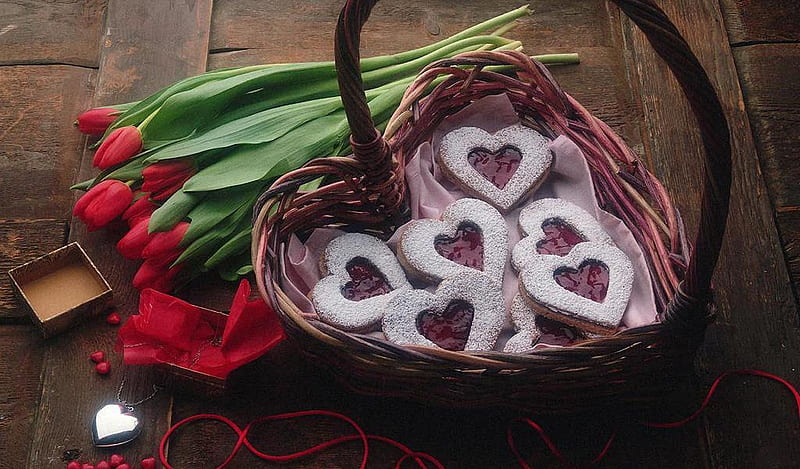 Raspberry-Jam-Linzerhearts, yummy, basket, heart, flowers, nature, raspberry, HD wallpaper