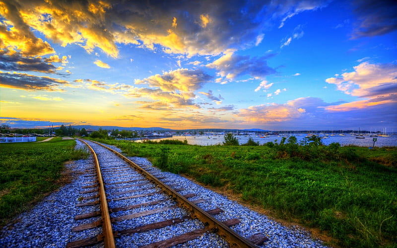 RAILWAY TRACK, track, railway, ocean, r, clouds, sky, harbor, HD wallpaper
