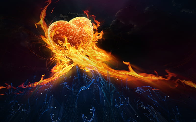fiery heart water hands, love concepts, burning heart, fire heart, fire flames, HD wallpaper