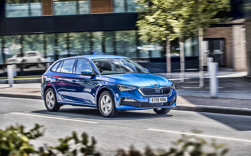 Skoda Scala, street, 2019 cars, hatchback, blue Scala, 2019 Skoda Scala, czech cars, R, Skoda, HD wallpaper