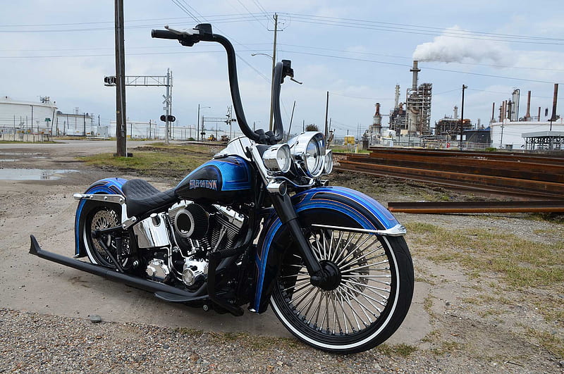 Harley-Davidson Softail DeLuxe, Black, Custom, Blue, HD wallpaper
