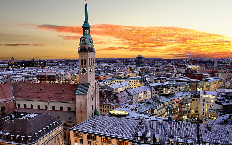 Munich, evening, sunset, cityscape, Munich skyline, Bavaria, Germany, HD wallpaper