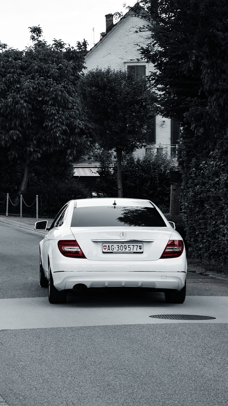 mercedes benz, car, rear view, white, road, HD phone wallpaper