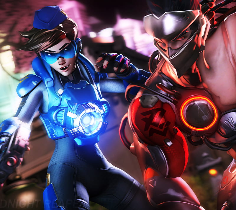 Genji and Tracer, blackwatch, cadet, dps, game, overwatch, oxton, HD wallpaper
