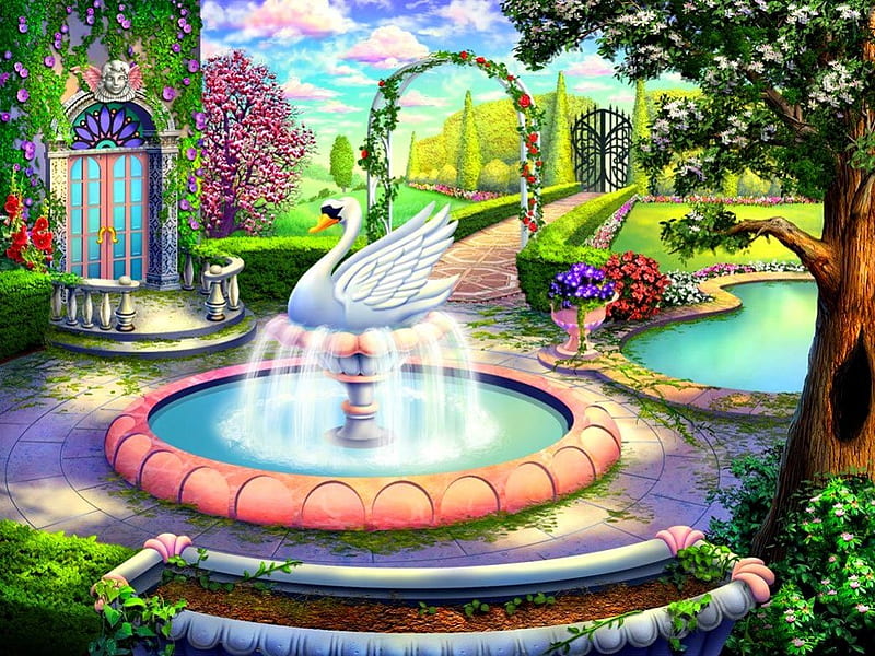 Summer garden, pretty, colorful, house, grass, bonito, swan, nice, flowers, rest, fountain, animated, lovely, relax, greenery, spring, park, trees, water, summer, blossoms, garden, blooming, HD wallpaper