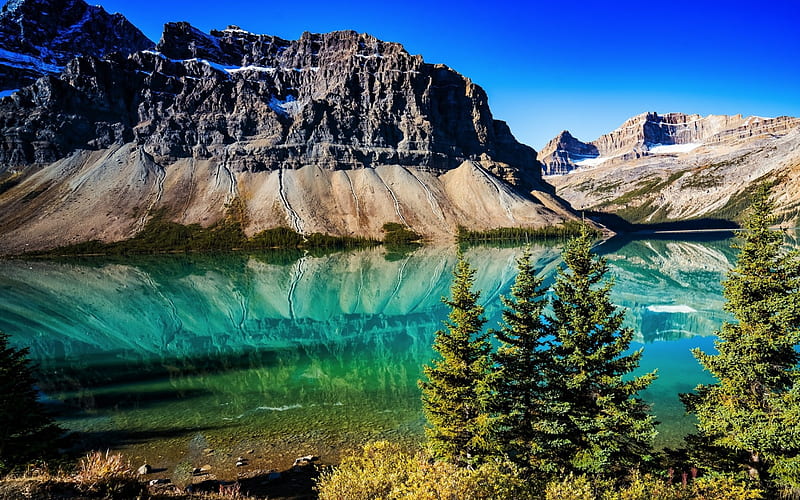 glacial lake, morning, mountain landscape, USA, forest, emerald lake, HD wallpaper