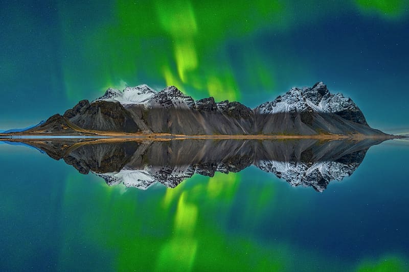 Aurora Borealis over Vestrahorn, Iceland, iceland, nature, reflection, mountains, aurora borealis, HD wallpaper
