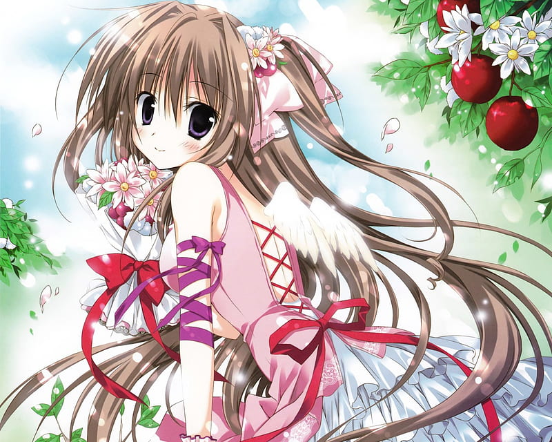 Lil' Wings, pretty, dress, beautiful, wing, floral, sweet, nice, anime, feather, hot, beauty, anime girl, long hair, female, wings, lovely, romantic, romance, brown hair, angel, ribbon, gown, sexy, cute, girl, bouquet, flower, lady, maiden, HD wallpaper