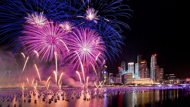 fantastic fireworks in the bay, city, fireworks, bay, lights, night, HD wallpaper