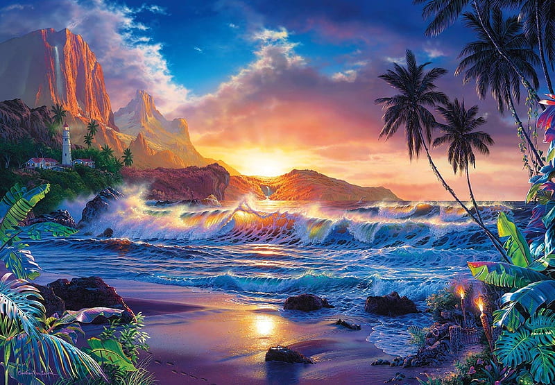 Beyond Hana's Gate, sky, sea, palms, lighthouse, rocks, colors, sunset, clouds, artwork, beach, mountains, painting, HD wallpaper
