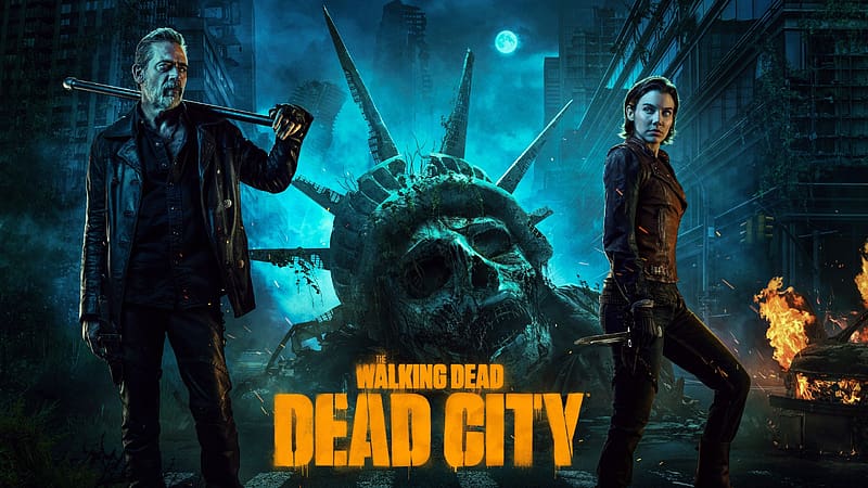 The Walking Dead: Dead City 2023, tv series, negan, the walking dead, jeffrey dean morgan, lauren cohan, new york, maggie, blue, poster, dead city, HD wallpaper